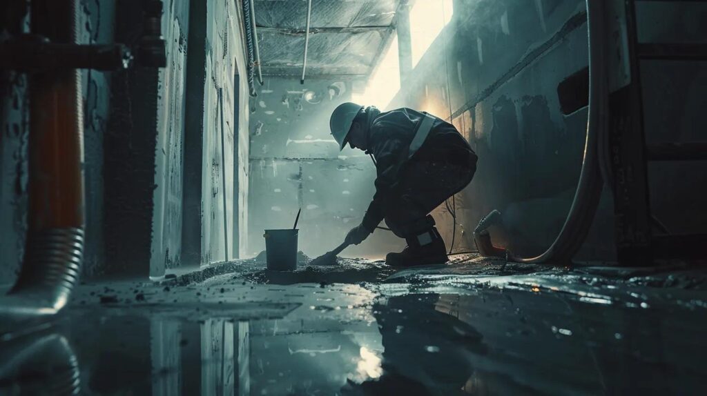 a professional basement waterproofing scene captures a contractor in safety gear applying hydraulic cement to cracks on exposed concrete walls, with a bright and clean workspace showcasing installed waterproofing membranes and a french drain.