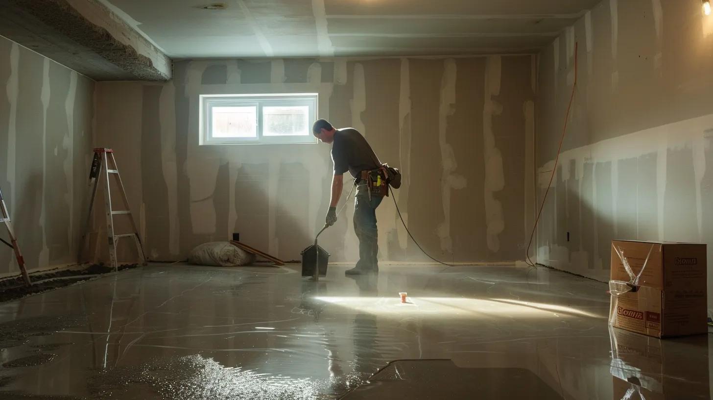 a professional contractor diligently applies waterproofing membranes to exposed concrete walls in a well-lit residential basement, showcasing the meticulous process of sealing cracks and preparing a sump pump installation amidst an environment that highlights resilience against water damage.