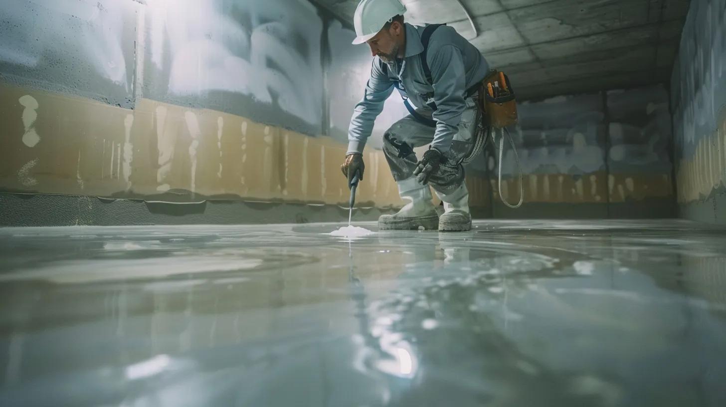 a professional contractor in safety gear meticulously applies waterproofing membranes in a well-lit basement, featuring exposed concrete walls and a freshly installed french drain, emphasizing the importance of effective moisture control for a healthy home.