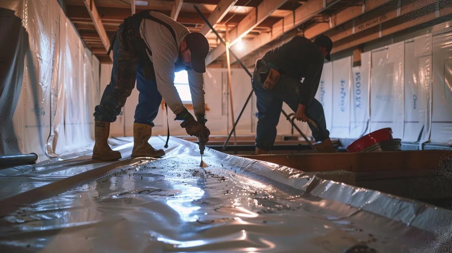 a professional contractor meticulously applies waterproofing membranes in a well-lit basement with exposed concrete walls, while another installs a french drain, showcasing the urgent yet organized response to prevent flooding from heavy rainfall and plumbing failures.