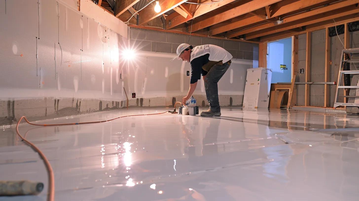 a professional contractor meticulously applies waterproofing membranes in a bright, clean basement with exposed concrete walls, highlighting the installation of a french drain and a sump pump, all while ensuring a swift and effective waterproofing process.