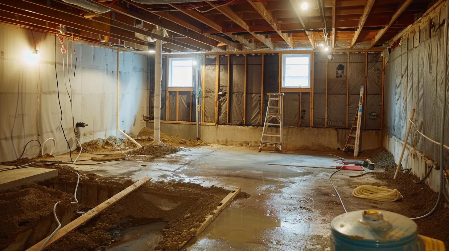 a well-lit residential basement showcases a professional waterproofing process, featuring exposed concrete walls as contractors in safety gear apply waterproof membranes, seal cracks with hydraulic cement, and install a french drain alongside a ready-to-install sump pump.