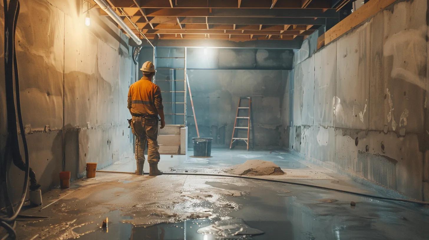 a well-lit basement showcases a professional waterproofing process, featuring exposed concrete walls as a contractor in safety gear expertly seals cracks with hydraulic cement while another installs a french drain, emphasizing a clean and organized workspace.