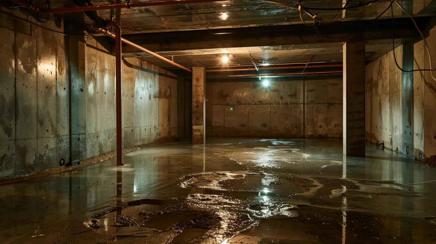 a well-lit residential basement showcases a professional waterproofing process, featuring exposed concrete walls and floors as a contractor expertly seals cracks with hydraulic cement while installing a french drain, embodying the urgency of effective water damage prevention.