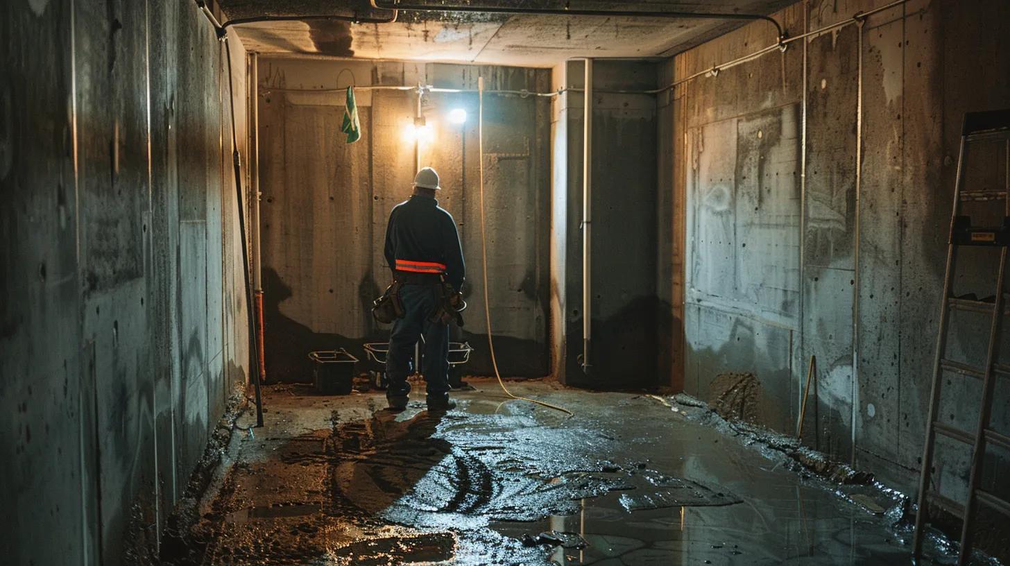 a well-lit residential basement showcases the meticulous waterproofing process, featuring exposed concrete walls as a contractor in safety gear seals cracks with hydraulic cement while another installs a french drain, highlighting the transformative efforts to prevent water damage.