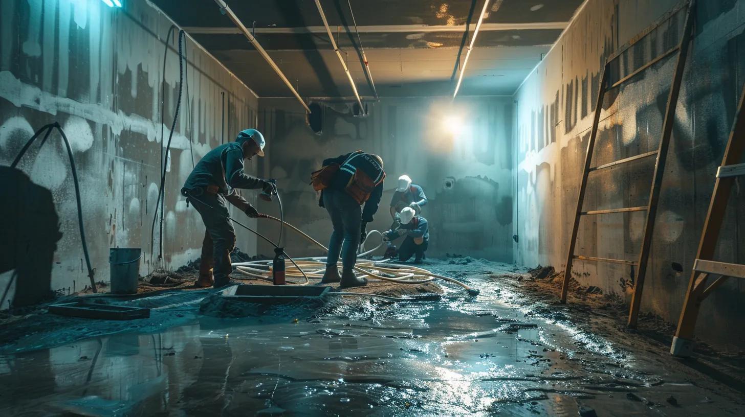 a well-lit, realistic basement waterproofing scene showcases exposed concrete walls and flooring, with a contractor in safety gear skillfully sealing cracks with hydraulic cement while another carefully installs a french drain, emphasizing the professionalism and detail of the waterproofing process.