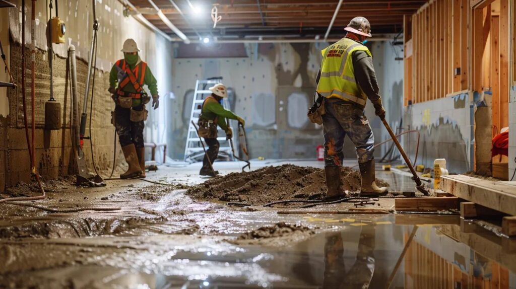 a well-lit residential basement showcases the waterproofing process with exposed concrete walls, as a contractor in safety gear diligently seals cracks with hydraulic cement while another installs a french drain, capturing a clean and professional workspace.