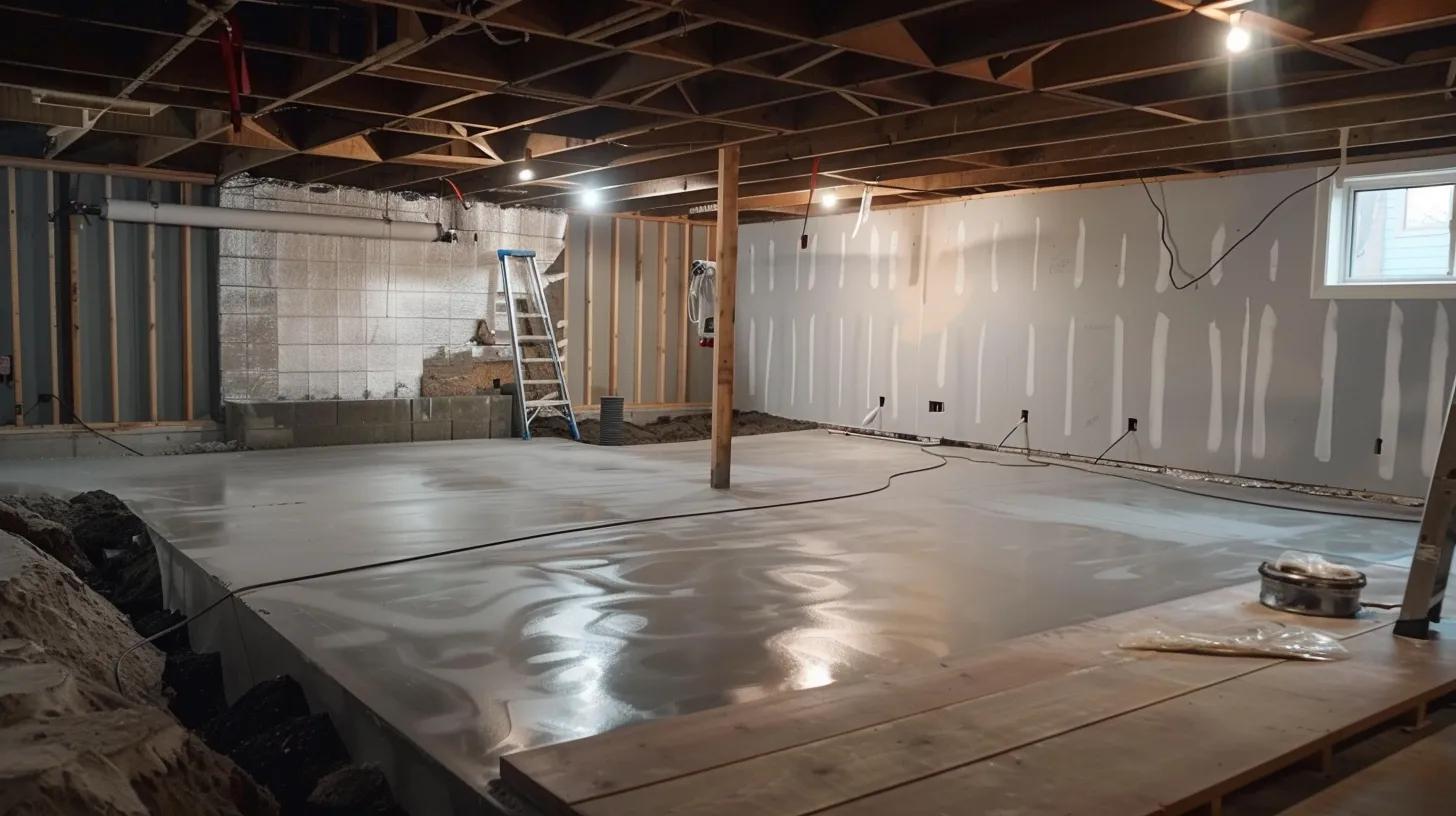 a well-lit residential basement showcases the professional application of waterproofing membranes on exposed concrete walls, with a contractor diligently sealing cracks while a french drain is installed along the perimeter, emphasizing the importance of a secure, dry environment.