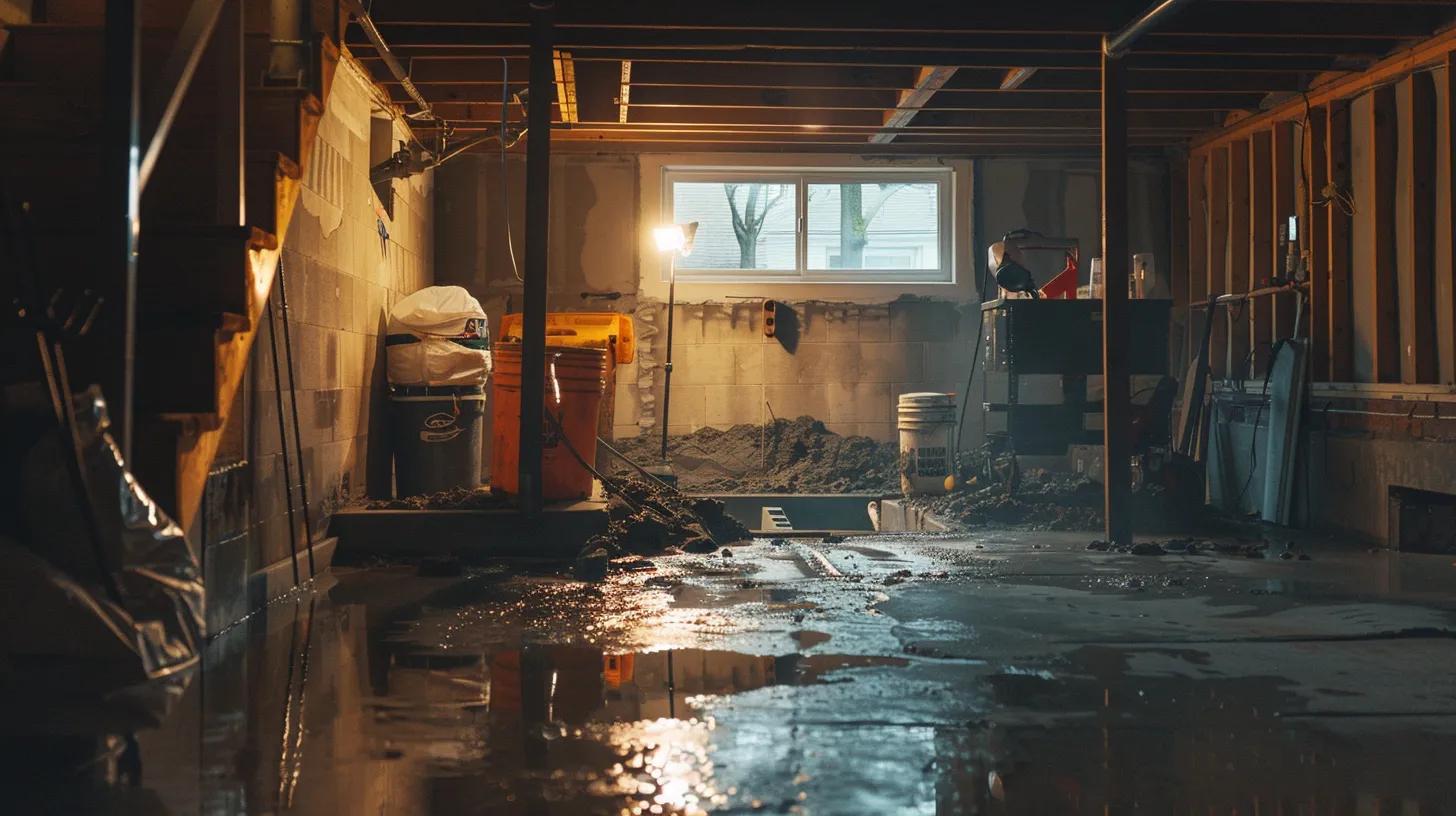 a well-lit residential basement showcases the waterproofing process, featuring exposed concrete walls as a contractor in safety gear skillfully seals cracks with hydraulic cement while another installs a french drain, emphasizing the importance of professional customer support in home maintenance.