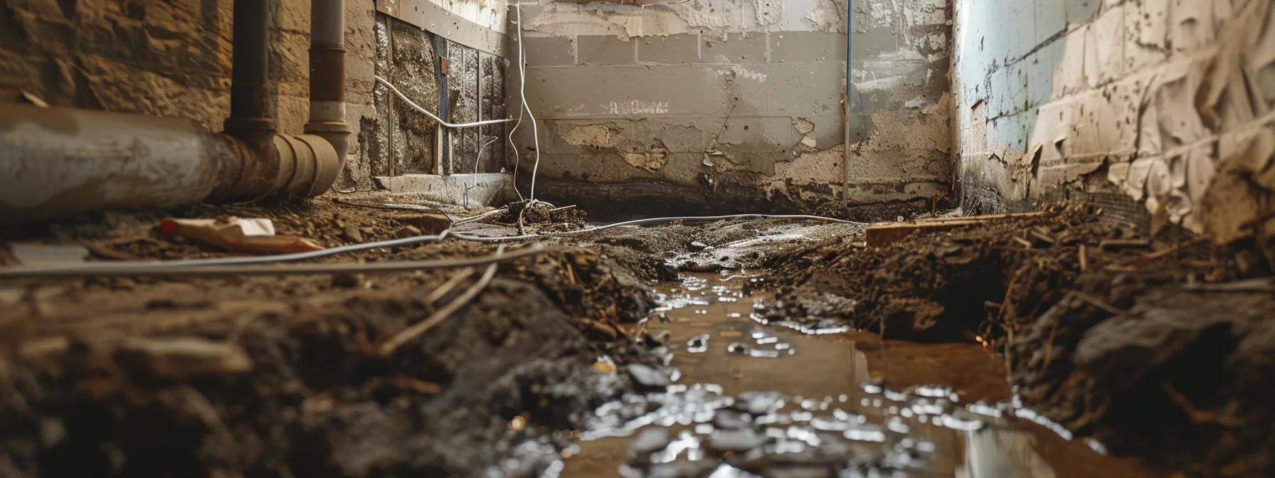 a detailed view of a basement in lancaster, showcasing the effects of inadequate waterproofing with visible water damage, cracked walls, and overwhelmed drainage systems set against an urban backdrop, conveying the urgency for tailored waterproofing solutions.