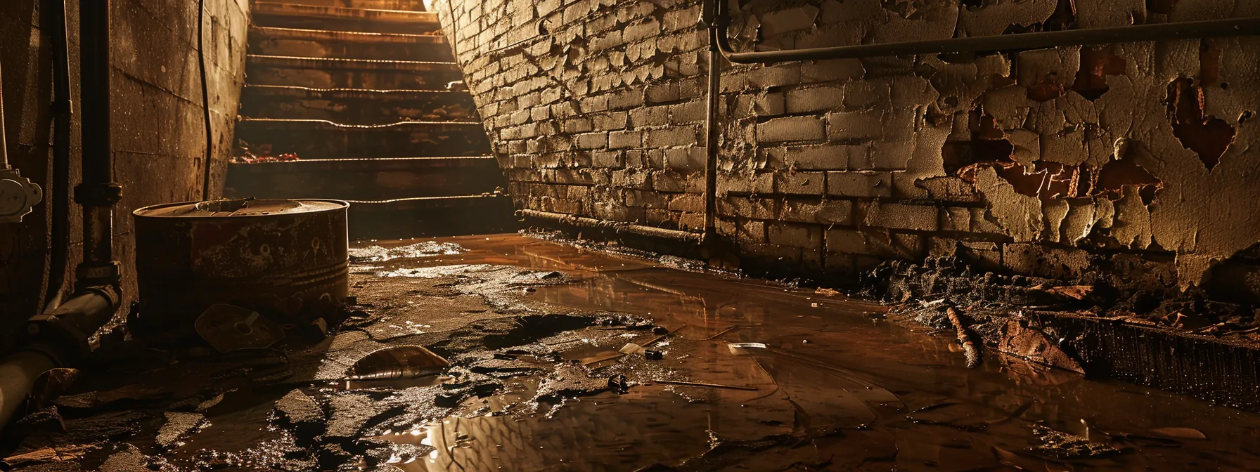 a dimly lit basement reveals water stains on the walls and a weary sump pump surrounded by puddles, illustrating the persistent effects of lancaster's climate on home maintenance.