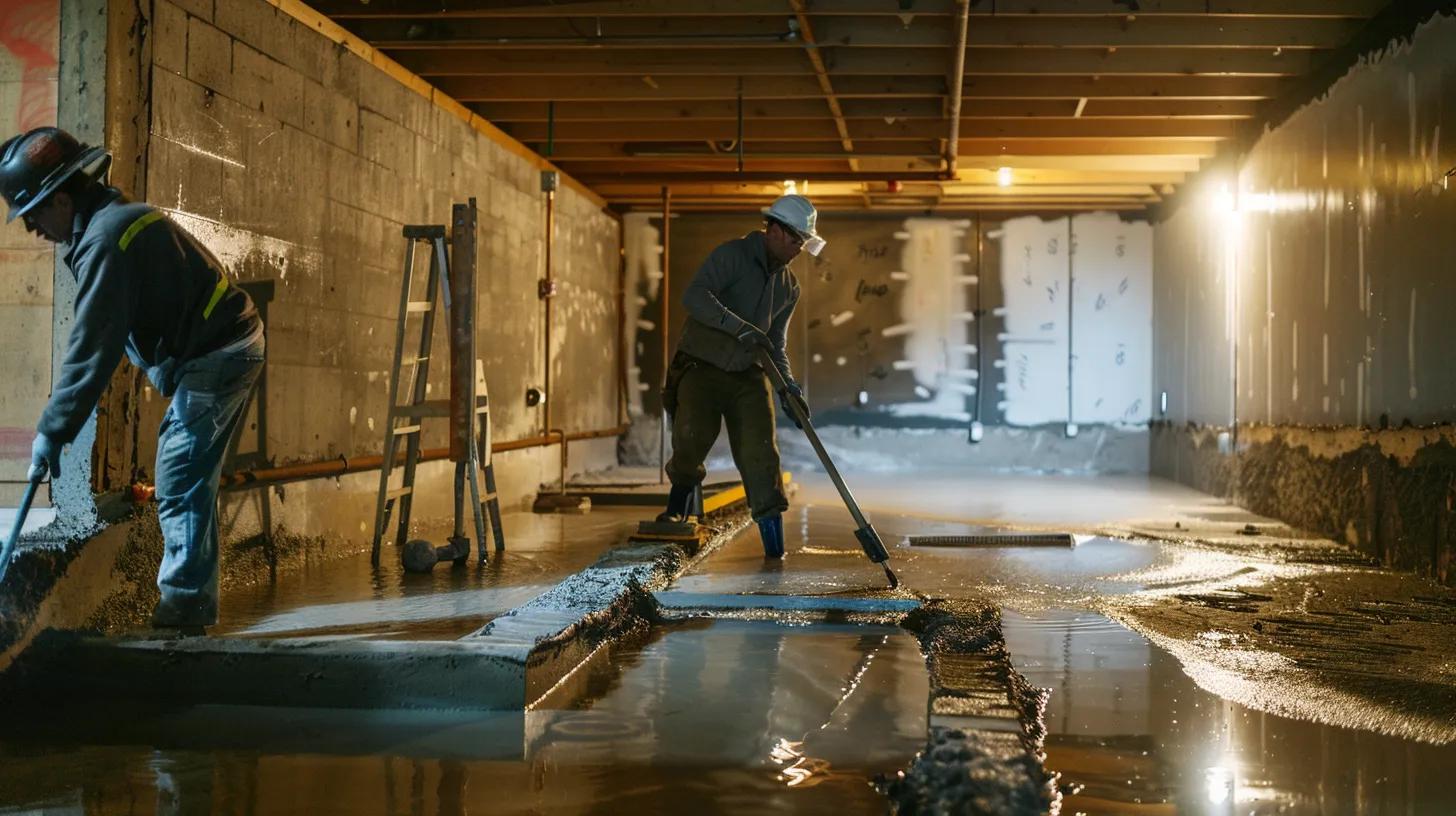 in a well-lit residential basement, a contractor in safety gear diligently applies hydraulic cement to seal cracks in exposed concrete walls, while another installs a french drain, capturing the essence of emergency waterproofing efforts to protect the home.