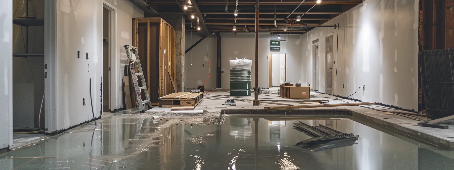 a modern basement renovation scene showcases advanced waterproofing systems being installed, featuring durable materials and professional contractors focused on climate-resilient upgrades in a well-lit, urban setting.
