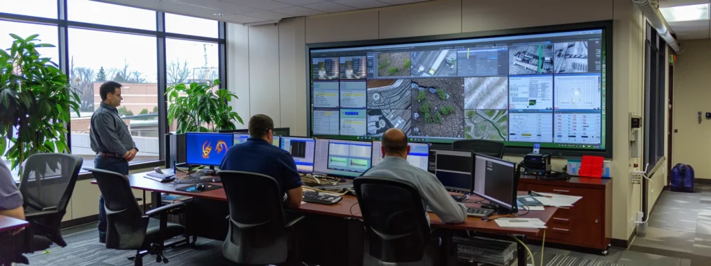 a modern office setting features a team of professionals analyzing detailed waterproofing solution schematics on a large digital screen, highlighting the impact of lancaster, pa's climate on construction materials through vibrant visuals and crisp data displays.