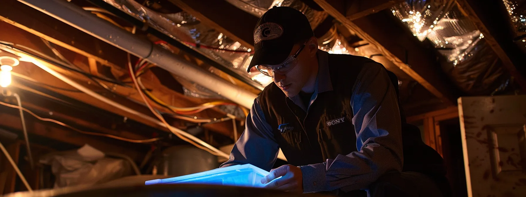 a professional indoor setting showcases a technician conducting a thorough waterproofing inspection of a basement in a suburban lancaster home, illuminated by soft artificial lighting that highlights the urgency of seasonal maintenance and water damage prevention.