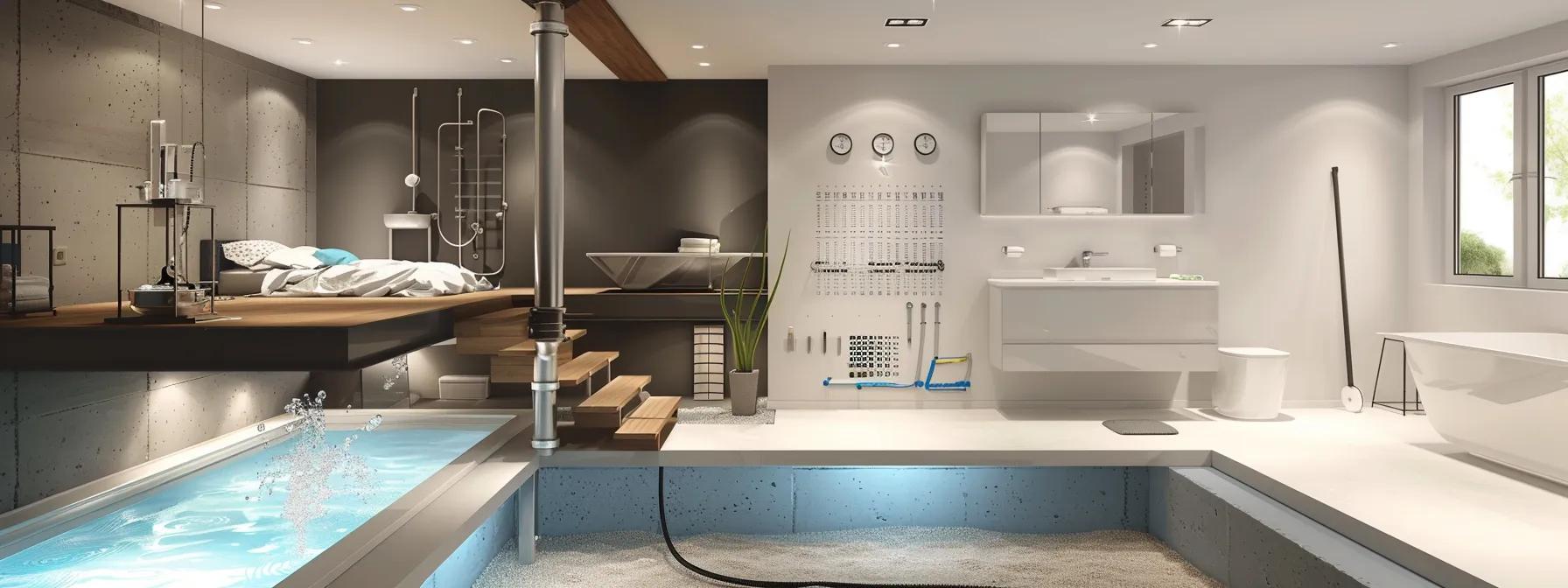 Diagram of basement drainage systems, including interior and exterior solutions with sump pumps.