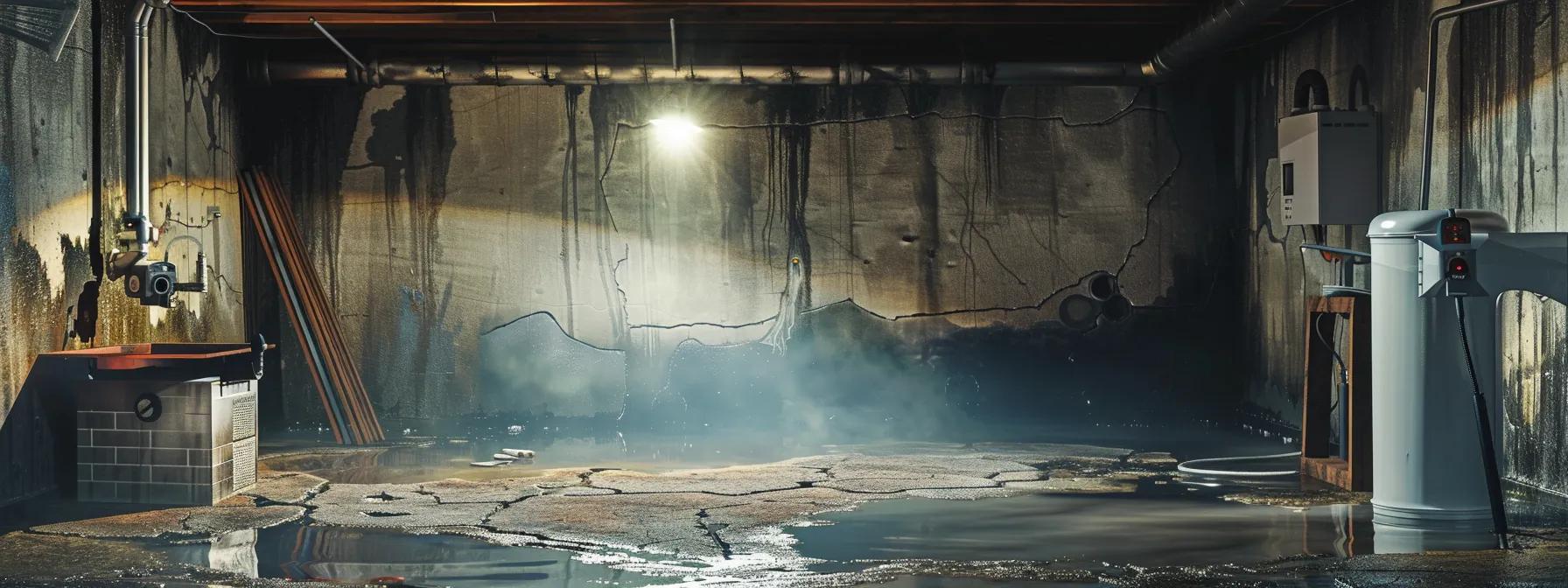 Image illustrating basement moisture issues, including damp walls and efflorescence signs.