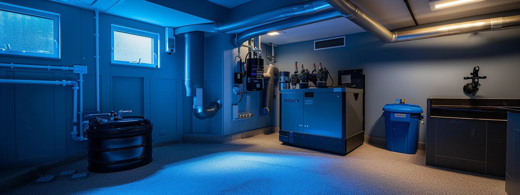 a sleek, modern basement equipped with advanced interior water management systems, showcasing a high-tech sump pump and dehumidification unit, amidst a strategically designed waterproofing setup tailored for the unique climate challenges of lancaster, pa.