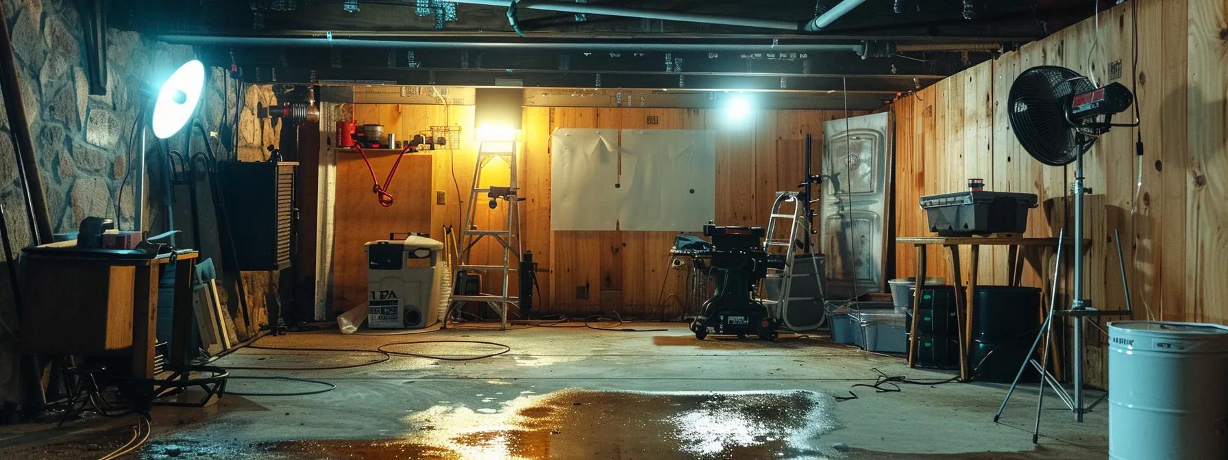 a well-lit, modern basement undergoing professional waterproofing, showcasing sleek tools and equipment strategically placed against freshly treated walls, emphasizing the expertise of lancaster waterproofing specialists.