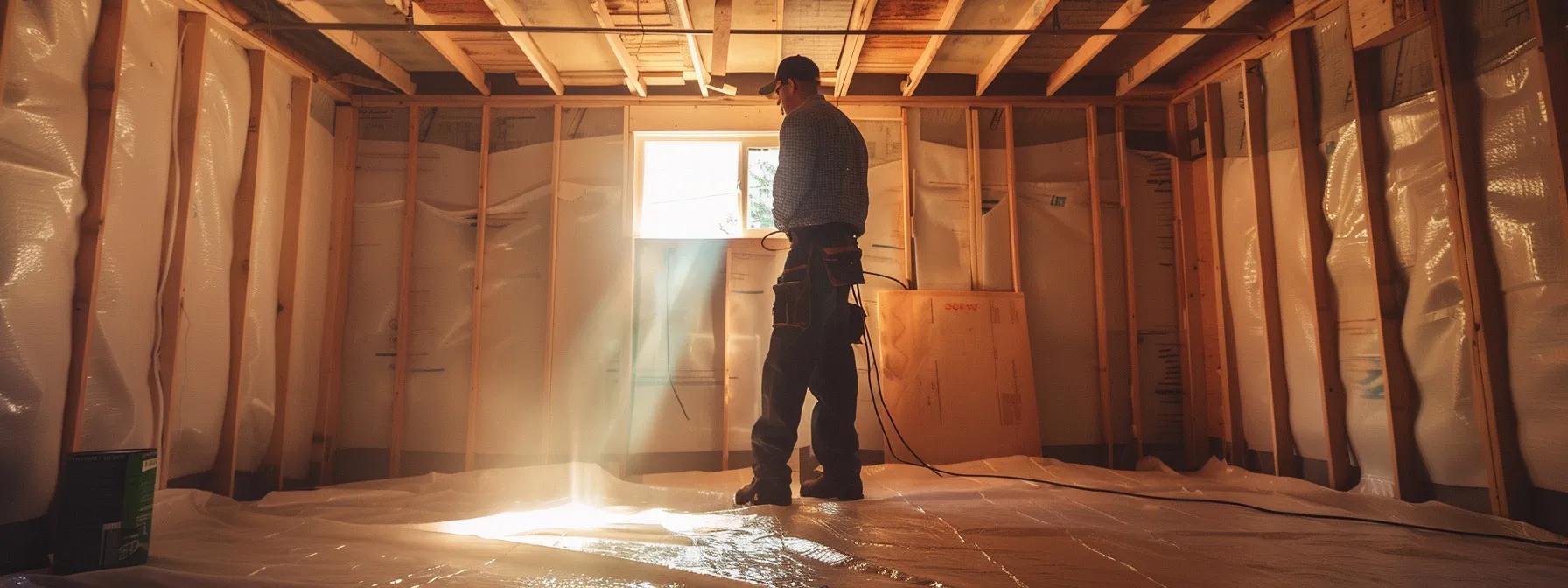 a brightly lit basement interior showcases a homeowner applying cost-effective sealing methods on the walls, emphasizing the practicality and affordability of diy solutions for moisture prevention.