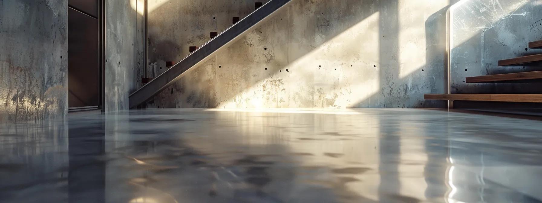 a clean, modern basement featuring freshly applied waterproofing sealant on smooth concrete walls and flooring, bathed in bright, artificial light to highlight the effectiveness of the waterproofing system.