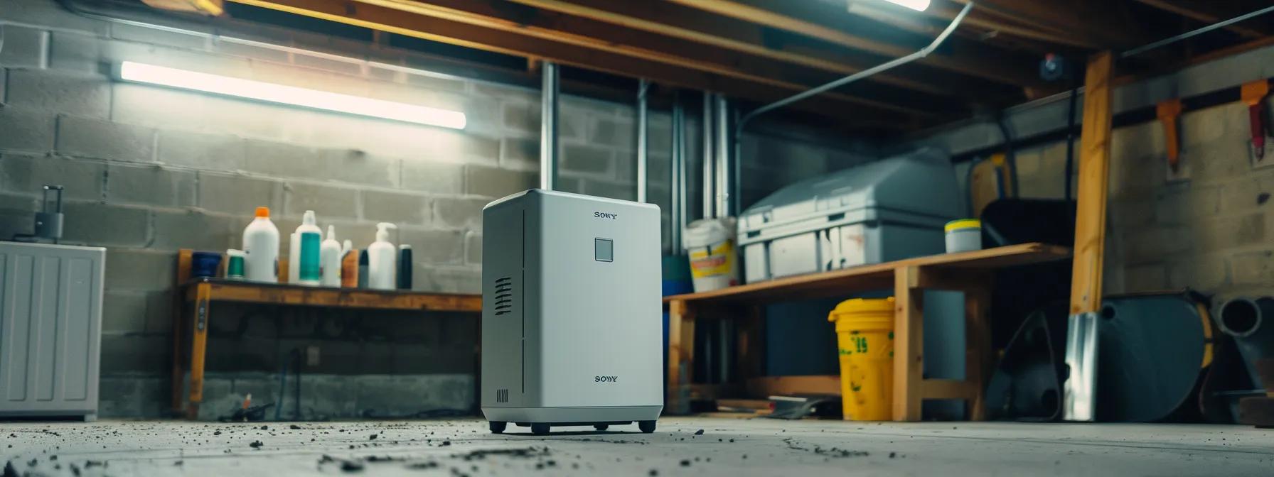 a modern basement equipped with an advanced dehumidifier, antimicrobial spray bottles neatly arranged on a workbench, and freshly applied mold-resistant paint on the walls, all illuminated by bright overhead lights, showcasing effective and affordable mold remediation strategies.