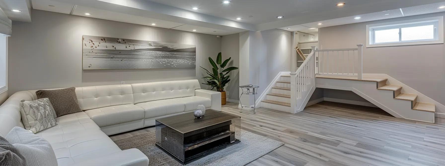a modern, well-lit basement featuring a sleek waterproofing system, showcasing clear warranty documentation hanging prominently on the wall, emphasizing the commitment to quality and long-term maintenance.