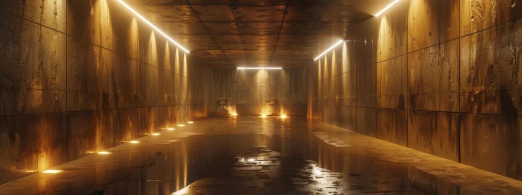 a well-lit basement showcasing a skilled technician applying a durable waterproofing sealant to the concrete walls, emphasizing the professionalism and efficiency of modern waterproofing methods.
