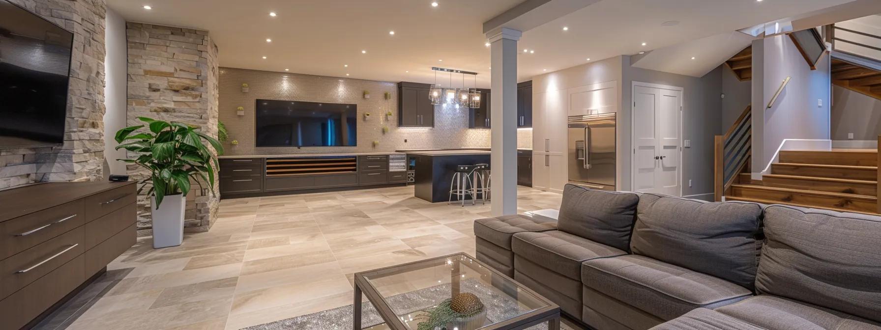 a meticulously designed basement showcases an advanced perimeter drain and french drain system, with clean lines and professional-grade fittings, emphasizing seamless water removal solutions in a modern waterproofing setup.
