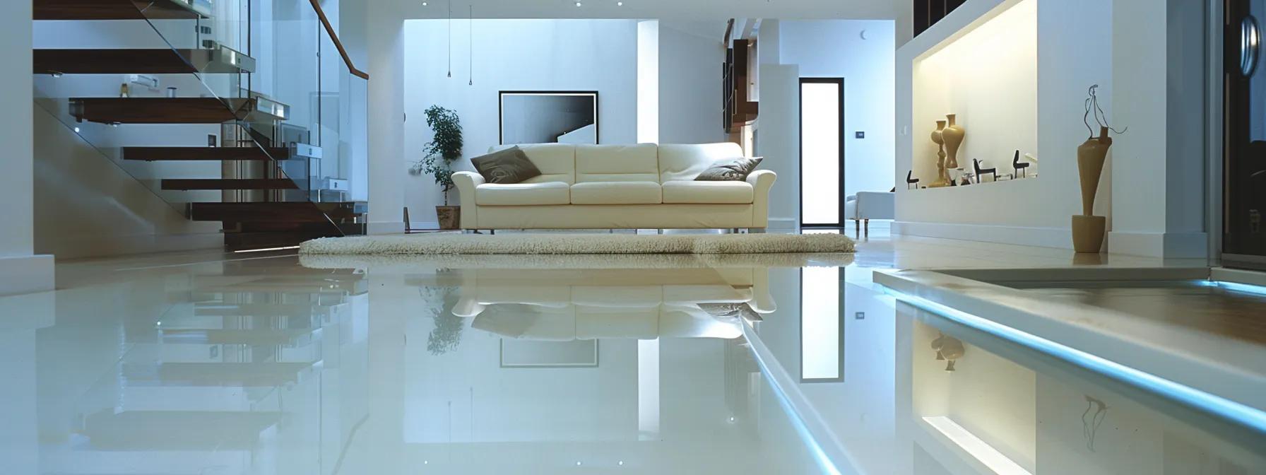 a sleek, modern basement featuring a sophisticated drainage system with visible pipes, sump pump, and expertly designed drains, all set against a clean, well-finished interior that exemplifies effective waterproofing solutions.