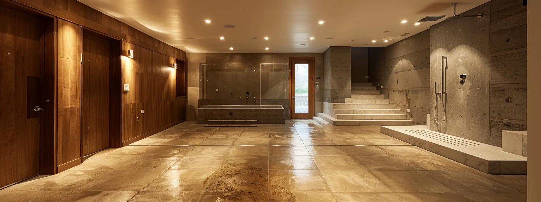 a well-lit, modern basement space showcases various types of sealant applications on concrete walls and floors, illustrating effective waterproofing techniques with clearly defined sections for polyurethane, epoxy, and acrylic sealants.