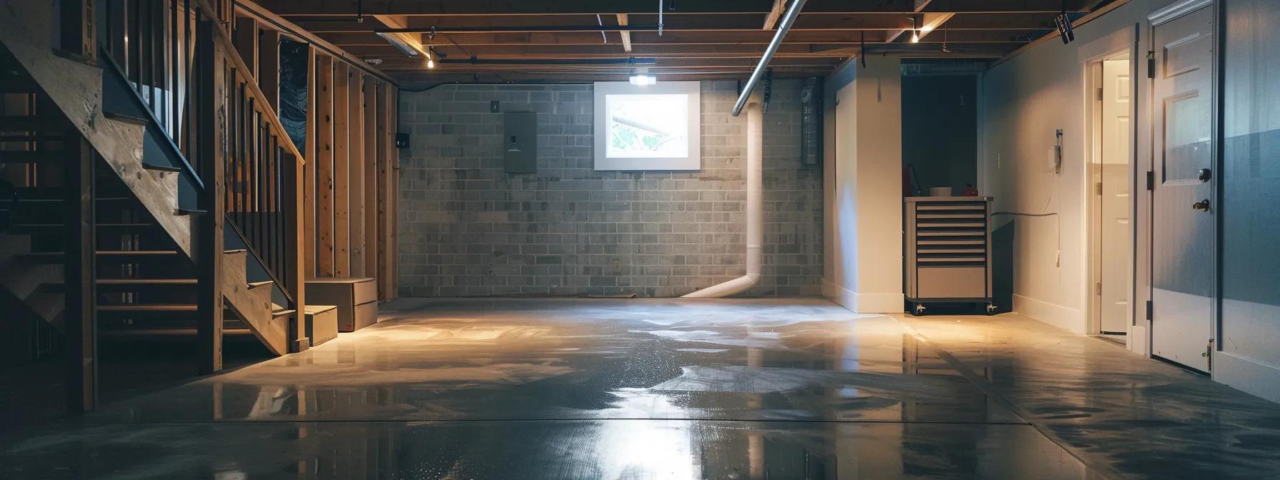 a well-lit, modern basement with sleek waterproofing technology installed, showcasing a professional conducting mold remediation with antimicrobial treatments while emphasizing the importance of maintaining indoor air quality and structural integrity.