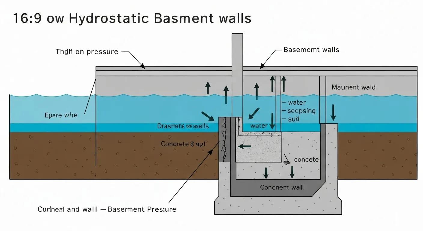 Diagram illustrating hydrostatic pressure's impact on basement walls, showing groundwater interacting with the foundation