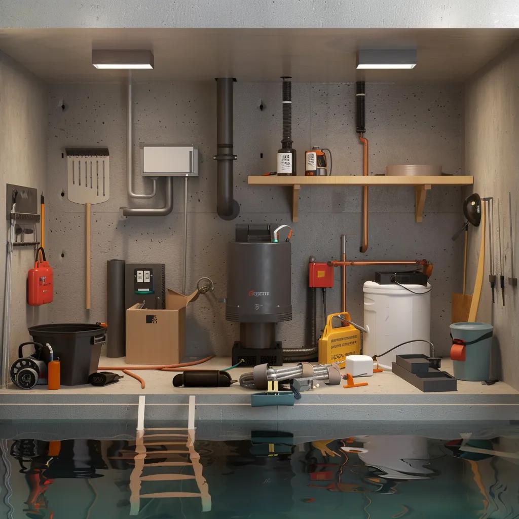 Modern basement waterproofing setup with sump pump and drainage system