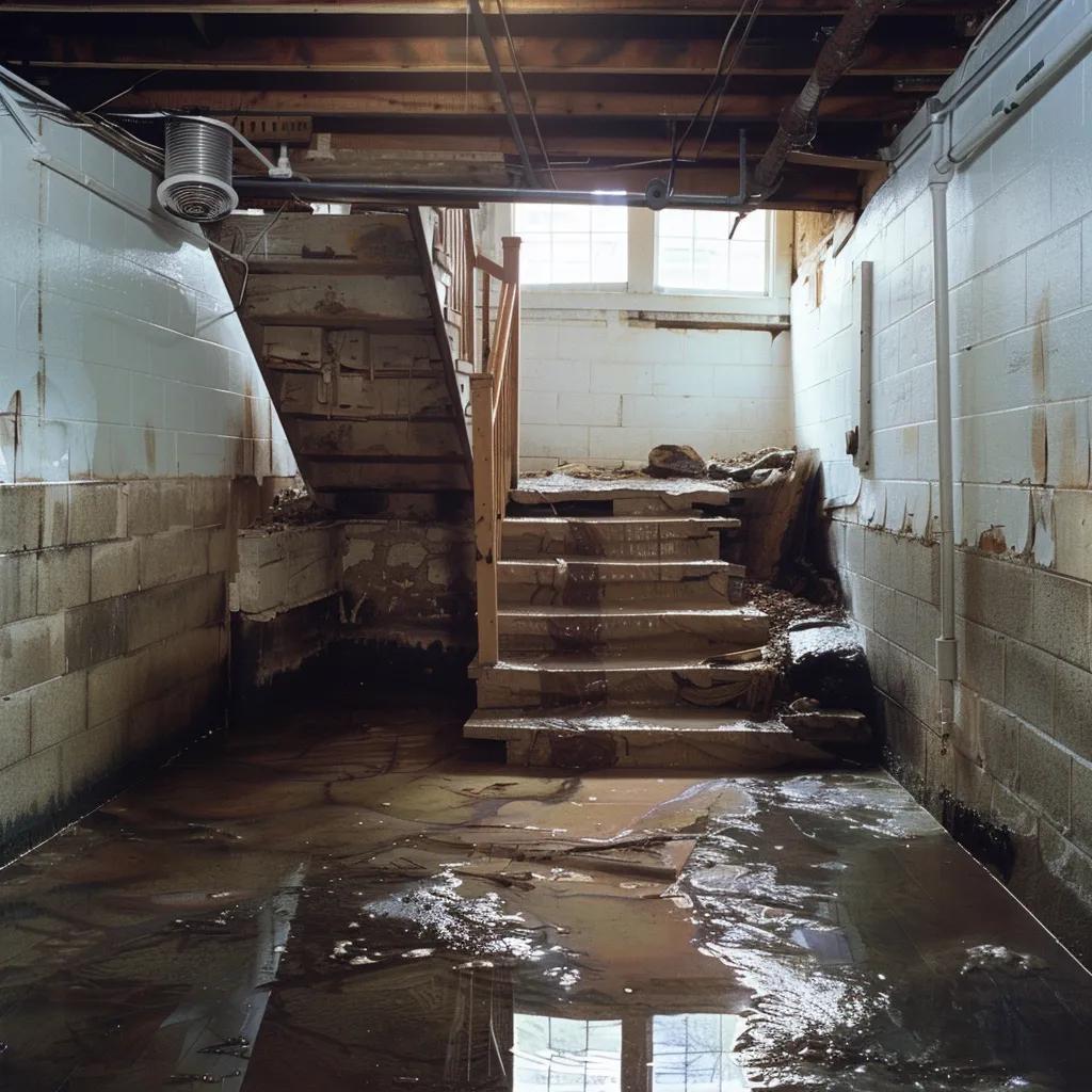 Basement showing signs of water damage with stains and efflorescence