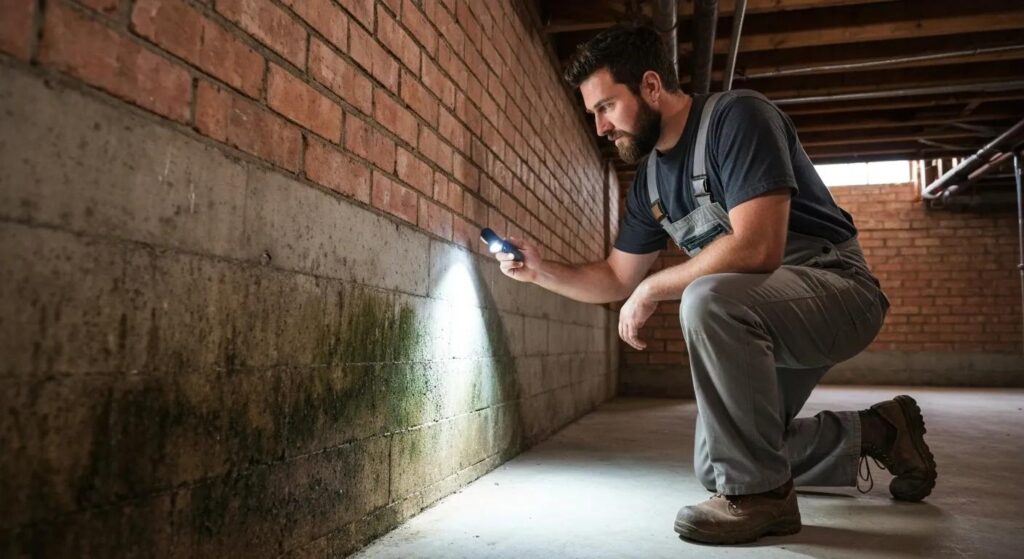 Skilled waterproofing technician examining a Lancaster basement for signs of moisture intrusion