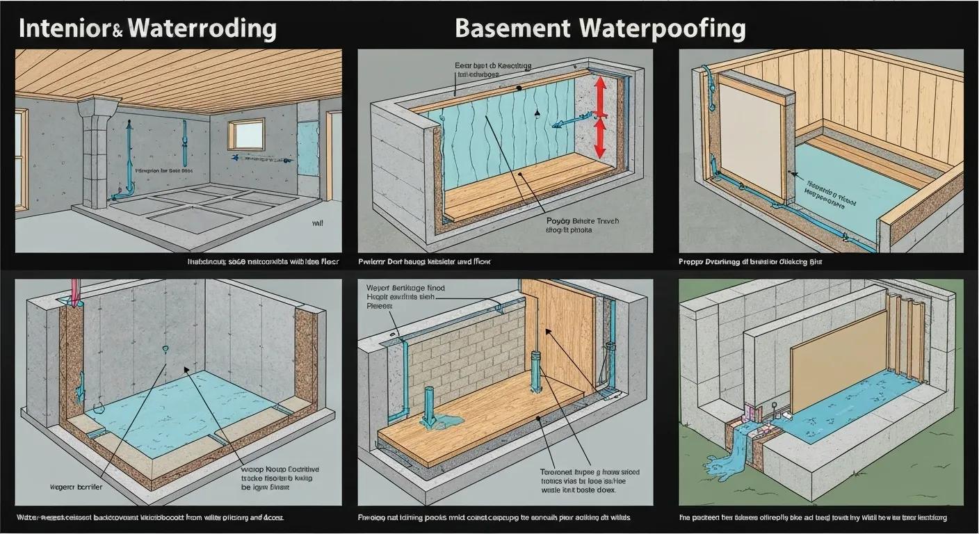 Visual representation of various basement waterproofing techniques, including interior and exterior applications