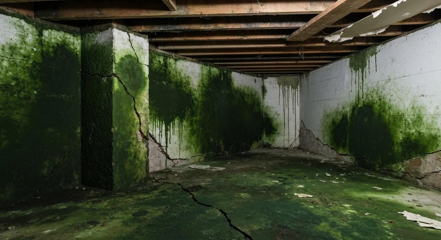 Detailed view of typical basement water damage signs in Lancaster, including mold growth and foundation cracks