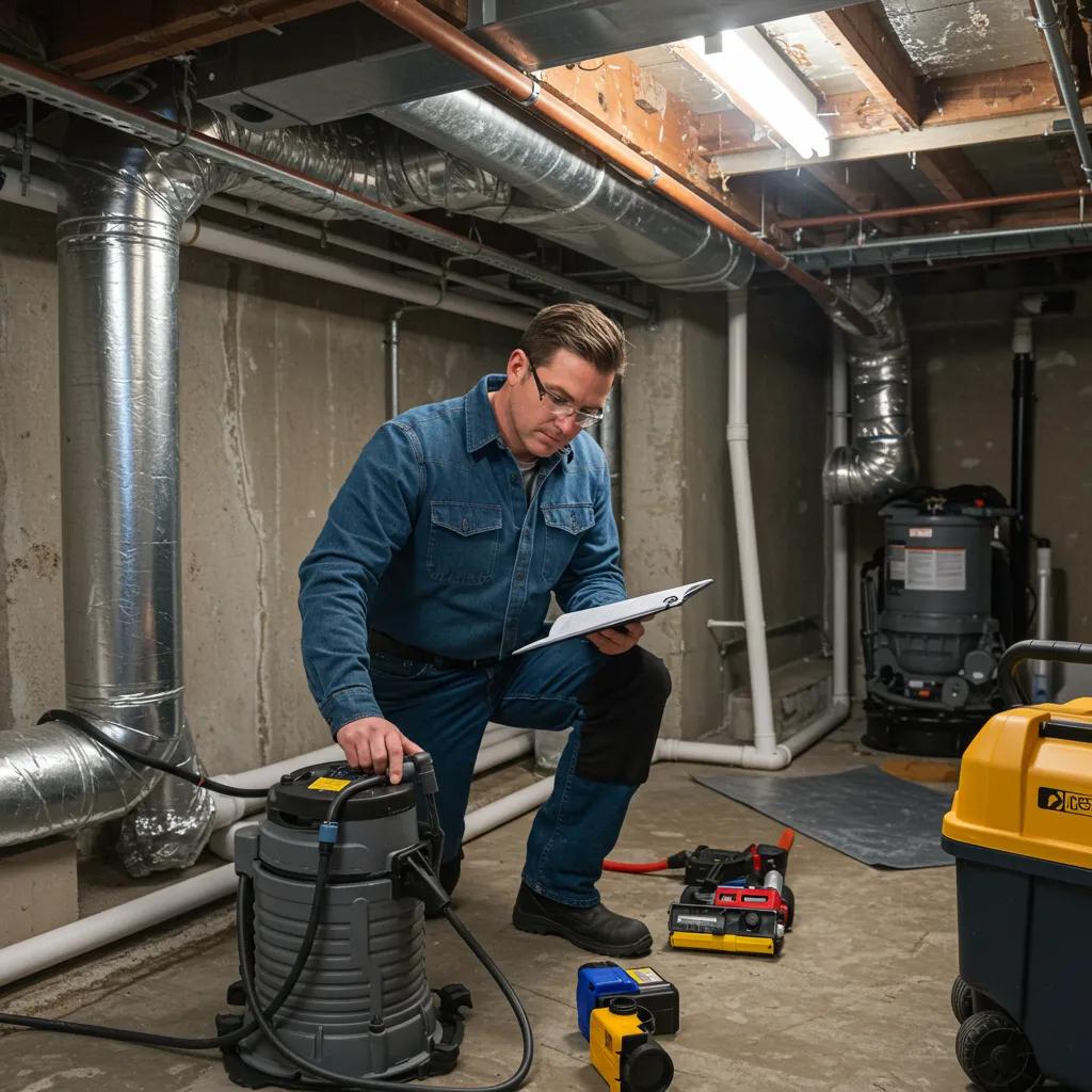 Professional contractor inspecting a basement for waterproofing solutions with tools and equipment